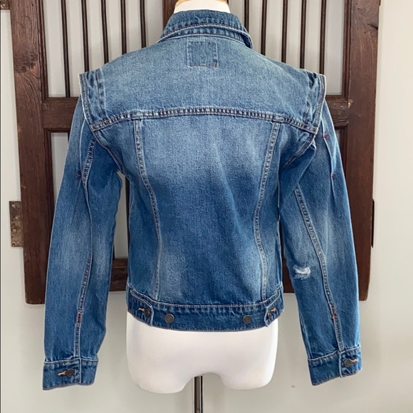 JOIE DEMANDA DISTRESSED JEAN DENIM JACKET W SHARP SHOULDERS AND RED DETAIL SZ XS - Picture 7 of 10